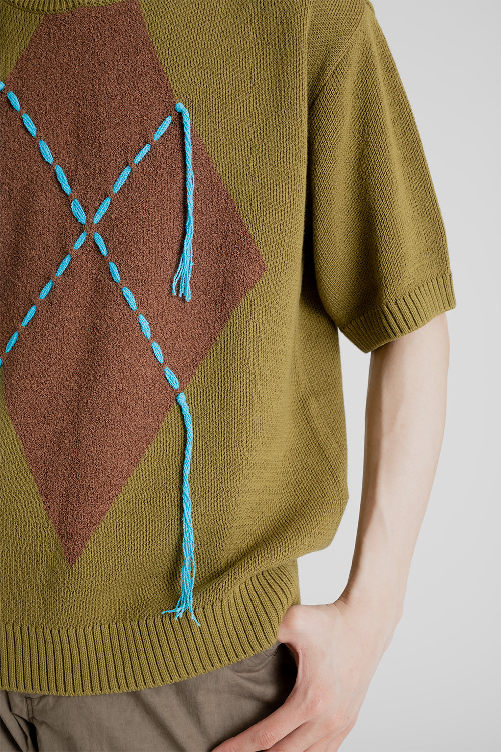 Andersson Bell London Argyle Jacquared Short Sleeve Polo Knit in Khaki