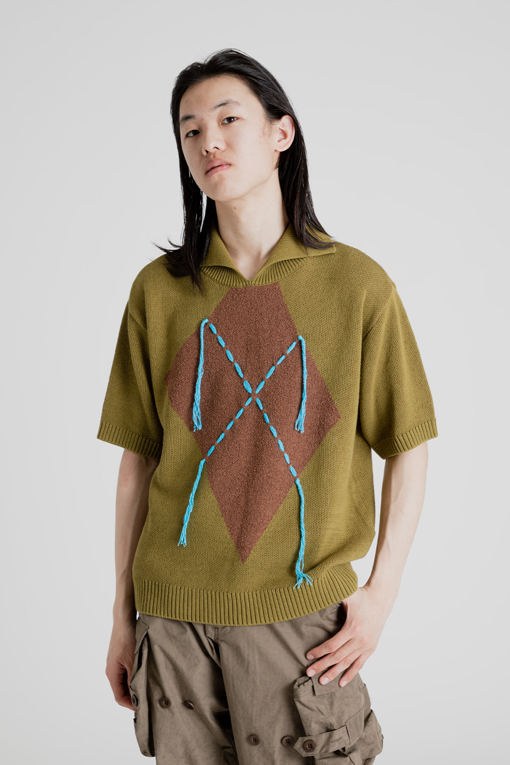 Andersson Bell London Argyle Jacquared Short Sleeve Polo Knit in Khaki