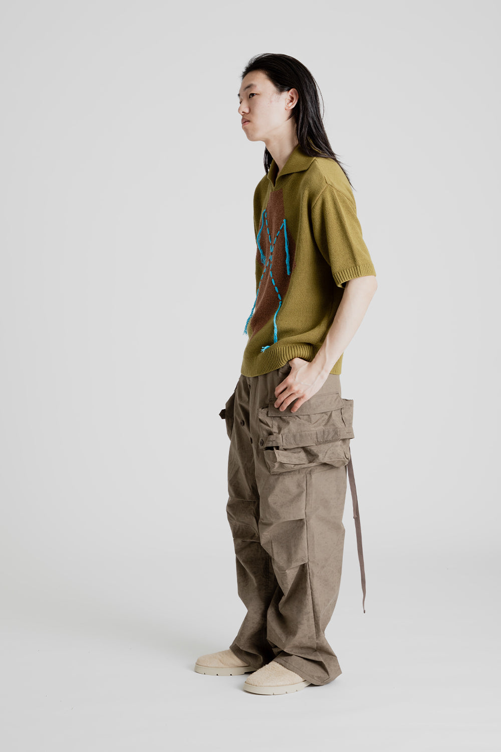 Andersson Bell London Argyle Jacquared Short Sleeve Polo Knit in Khaki