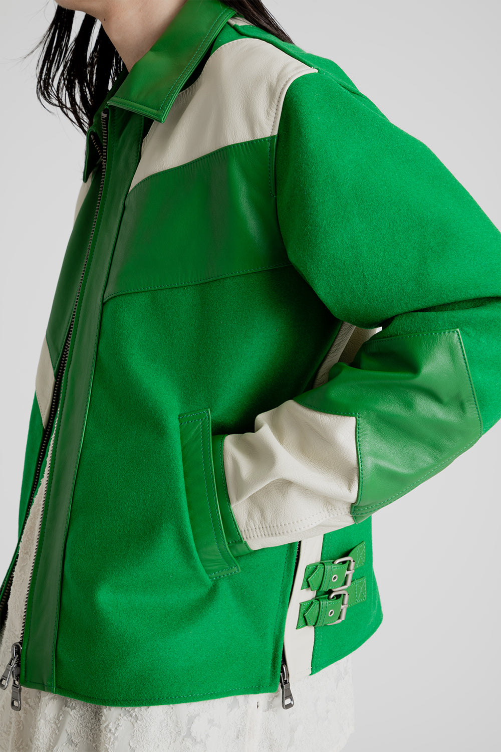 Andersson Bell Motorcycle Leather Varsity Jacket in Green