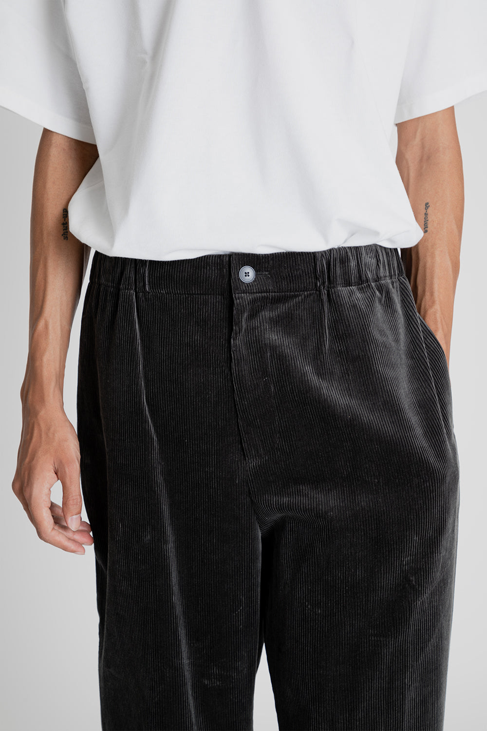 ATON Suvin Corduroy Easy Wide Pants in Charcoal Gray