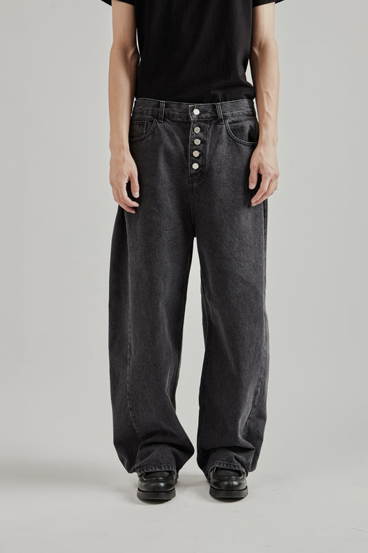 Side-Pleat Big Jeans - Black