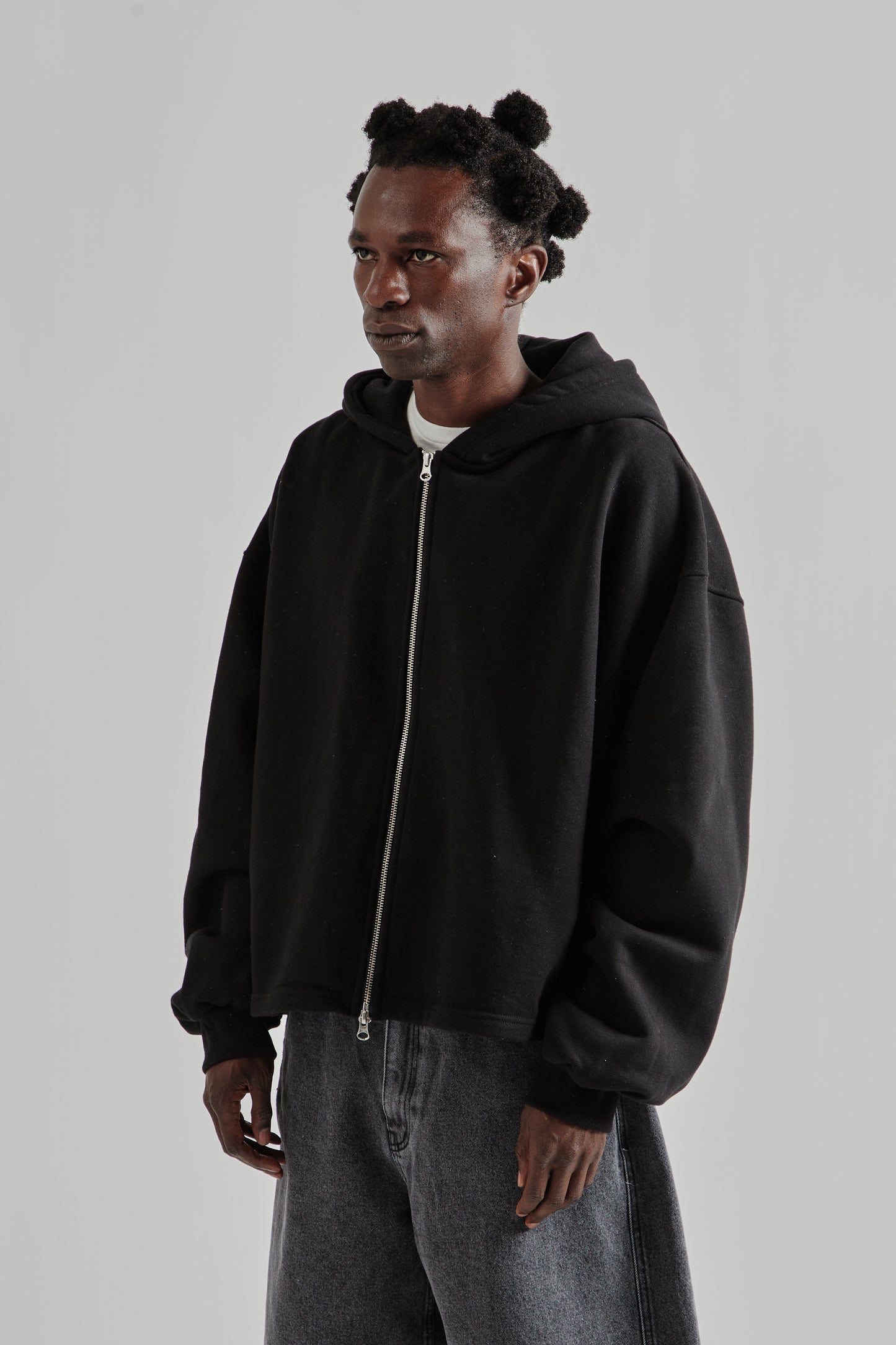 Boxy Zip-Up Hoodie - Black