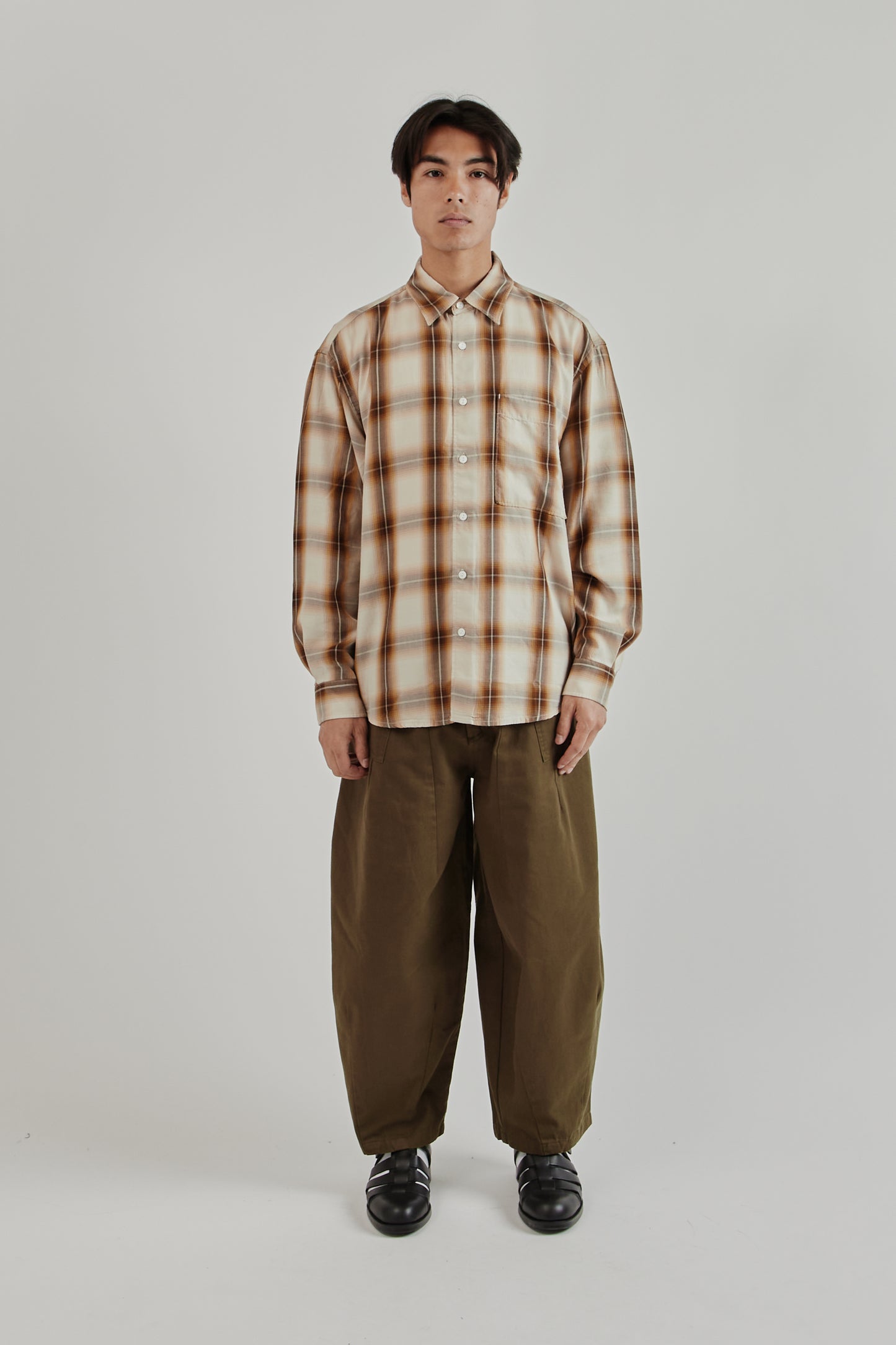 Frizmworks SS25 Lyocell Check Relaxed Shirt Beige 1
