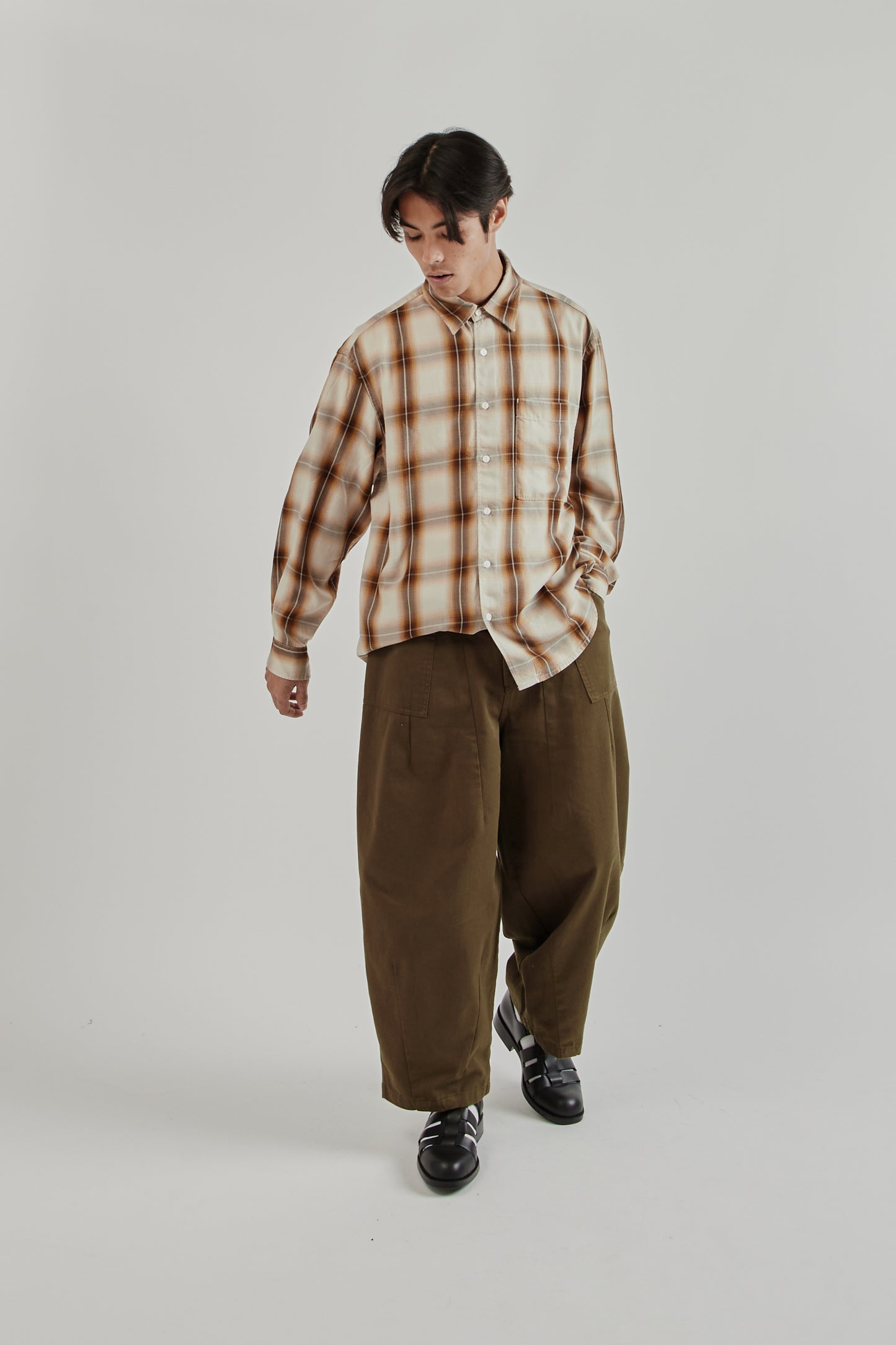 Frizmworks SS25 Lyocell Check Relaxed Shirt Beige 10