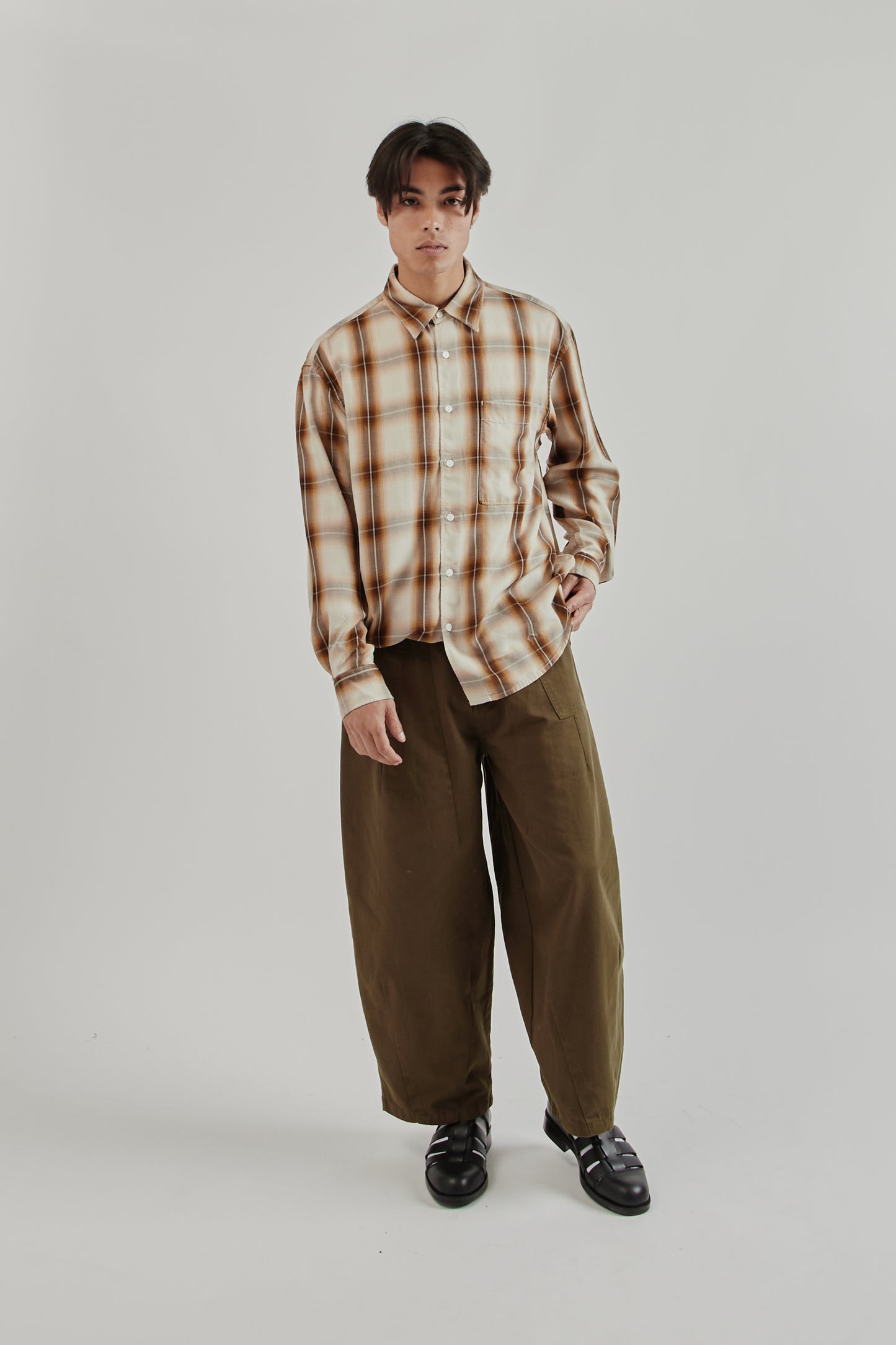 Frizmworks SS25 Lyocell Check Relaxed Shirt Beige 9