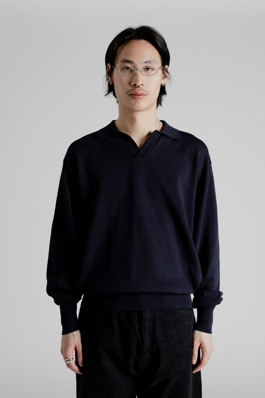 Kaptain Sunshine Cotton Knit Skipper Shirt in Navy