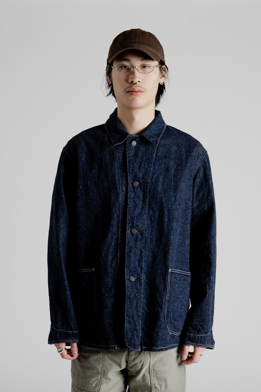 Kaptain Sunshine Cotton Linen Denim Coverall Jacket in Indigo.