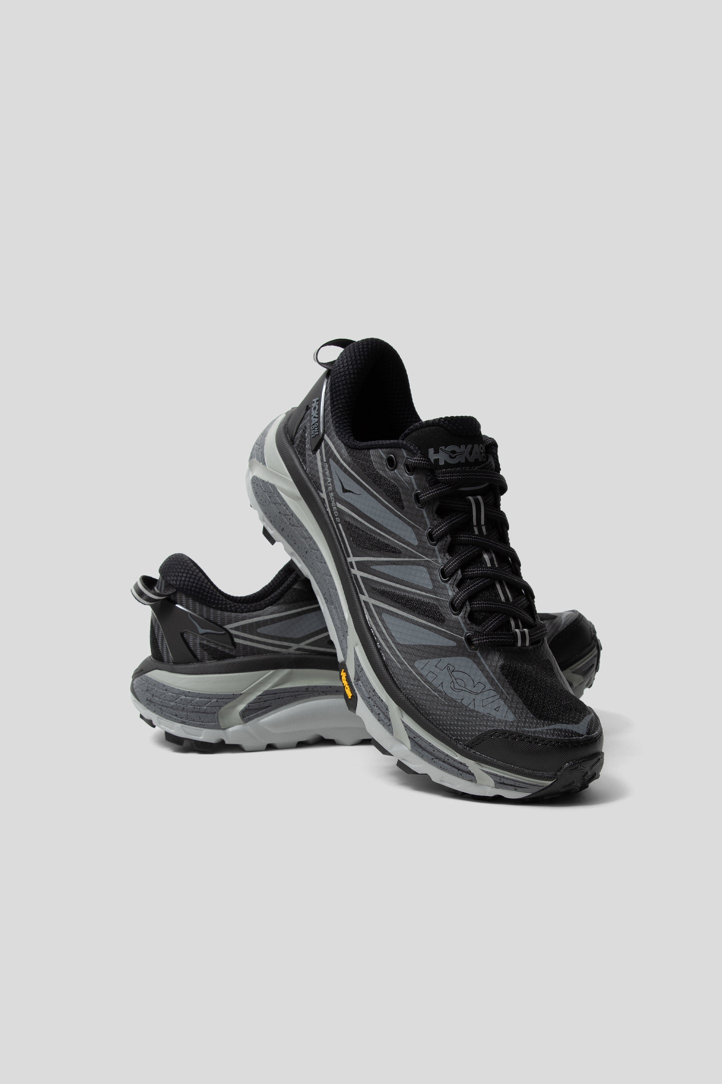 Hoka's Mafate Speed 2 sneakers in the Black/Castlerock colourway.