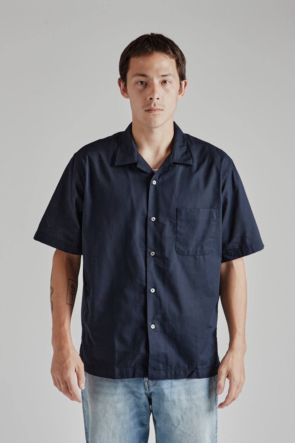 Nanamica Open Collar Panama S/S Shirt in Navy