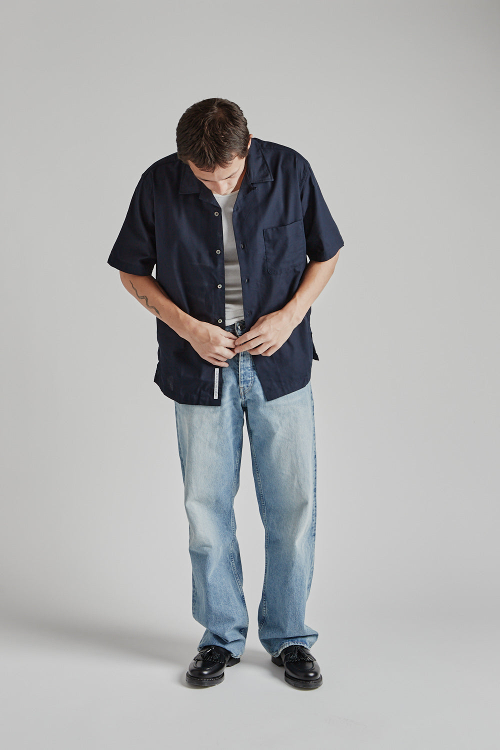 Nanamica Open Collar Panama S/S Shirt in Navy