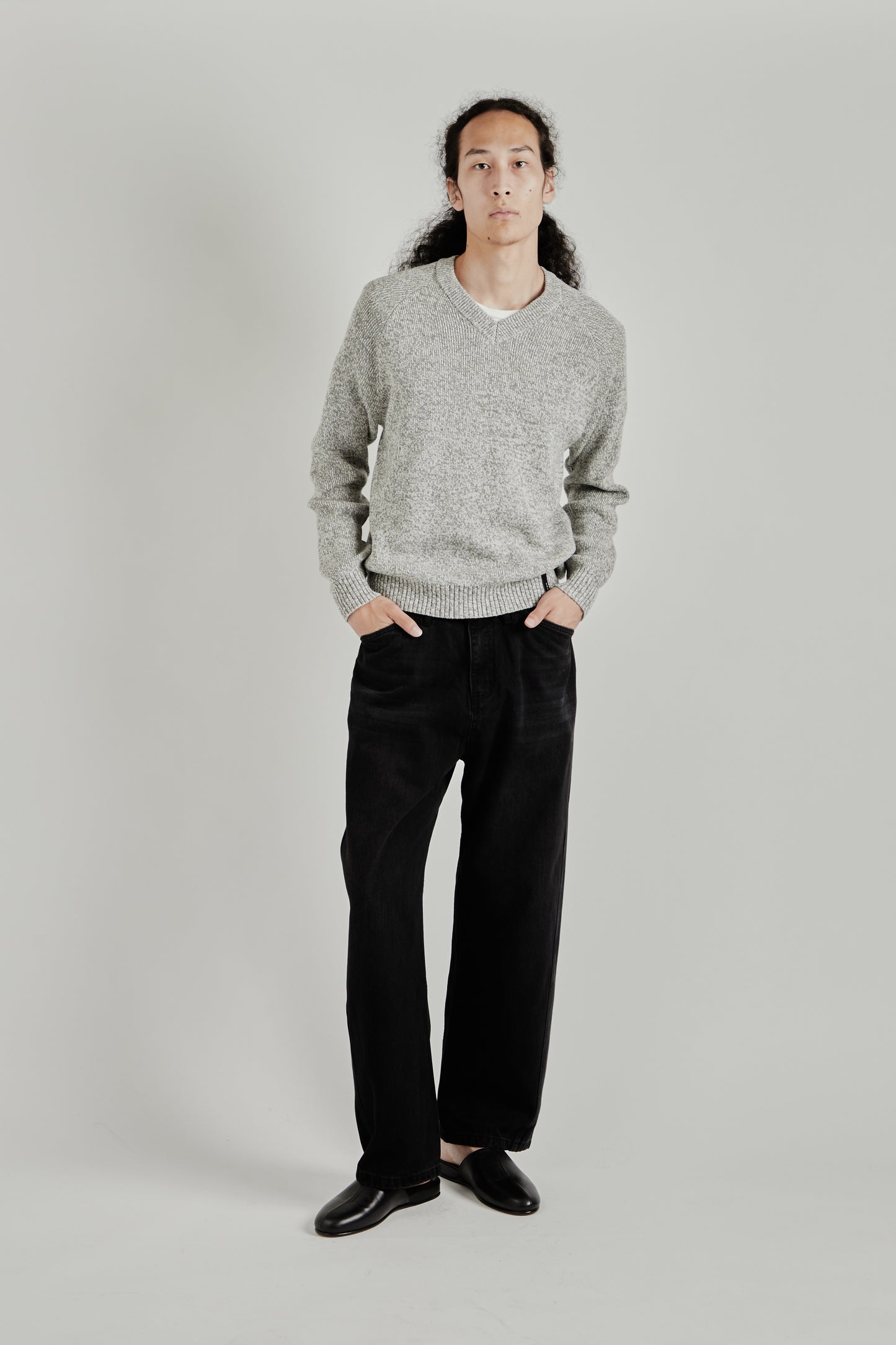 V-Neck Heather Knit Sweater - Ash