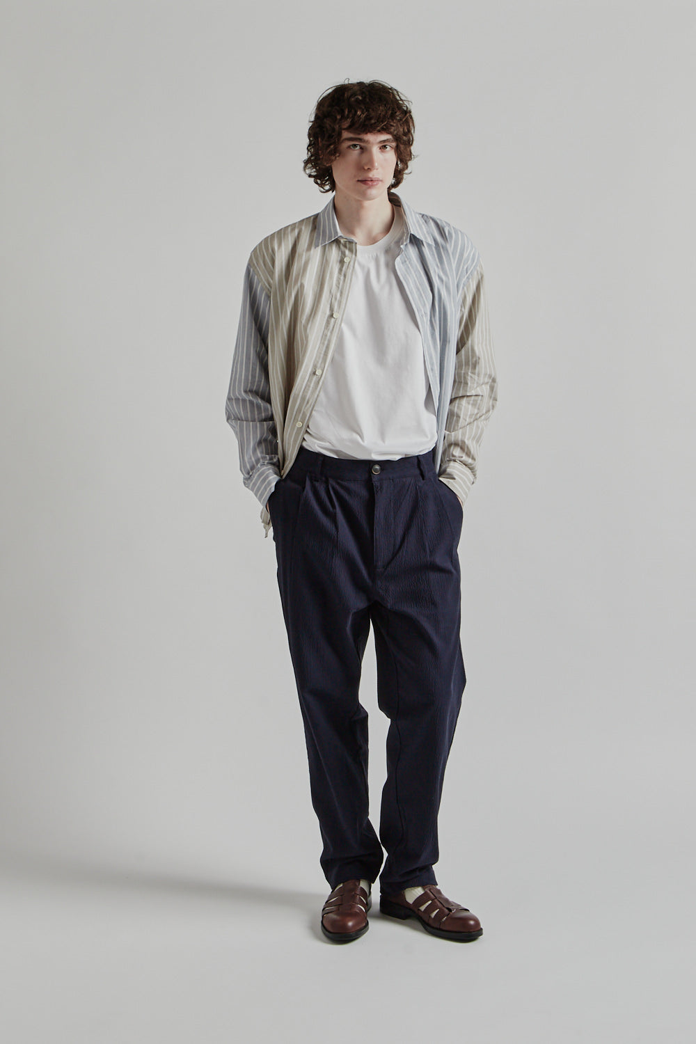 Double Pleats Seersucker Pants - Navy - Wallace Mercantile Shop