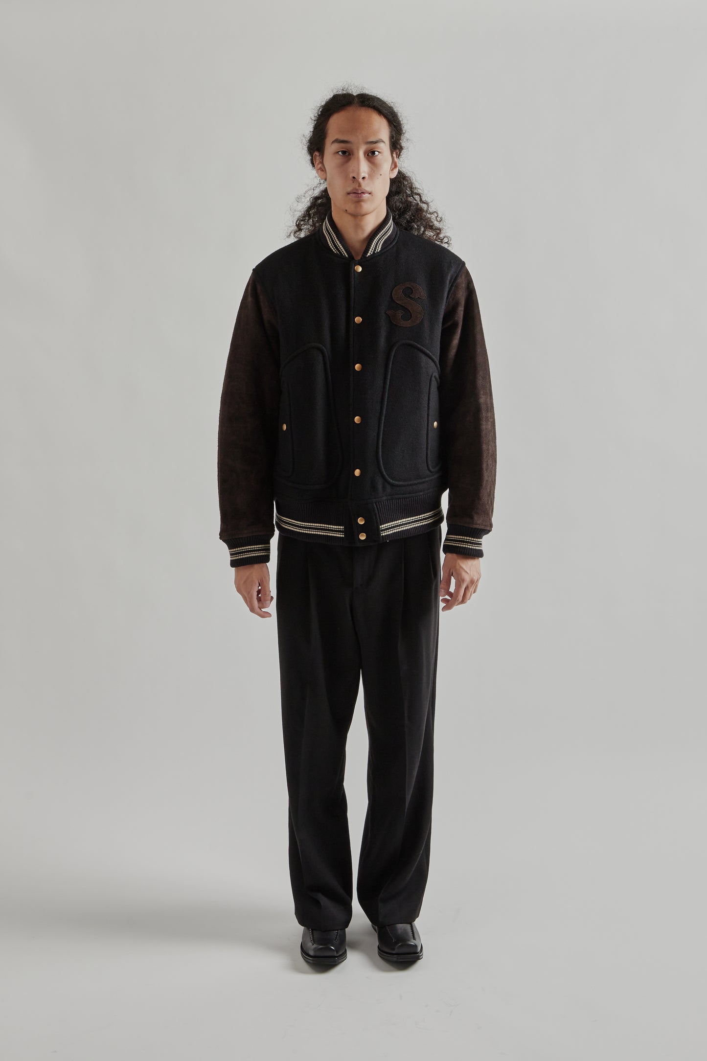 Sugarhill FW25 Leather Stadium Jacket Black Brown 1