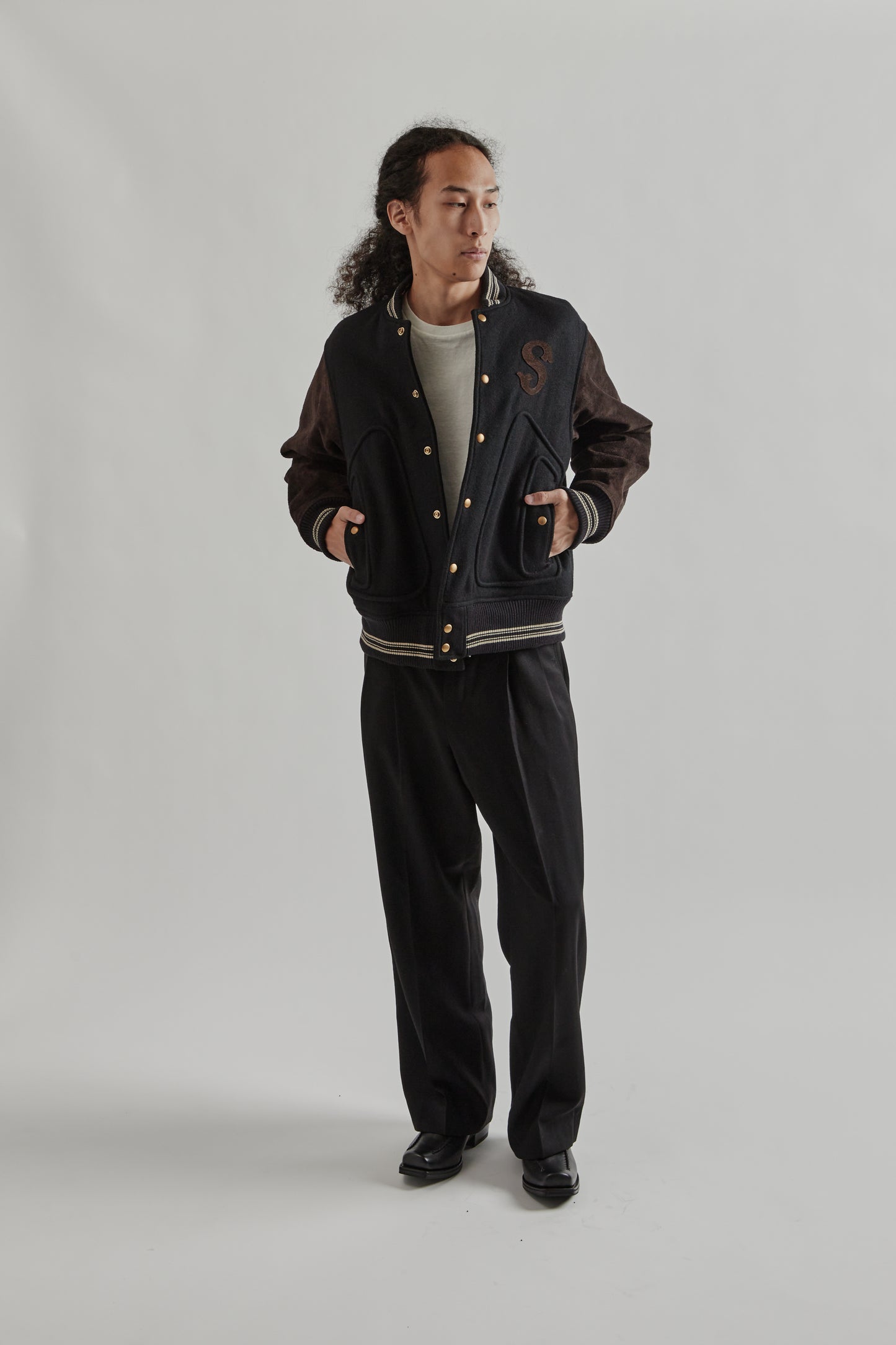 Sugarhill FW25 Leather Stadium Jacket Black Brown 10