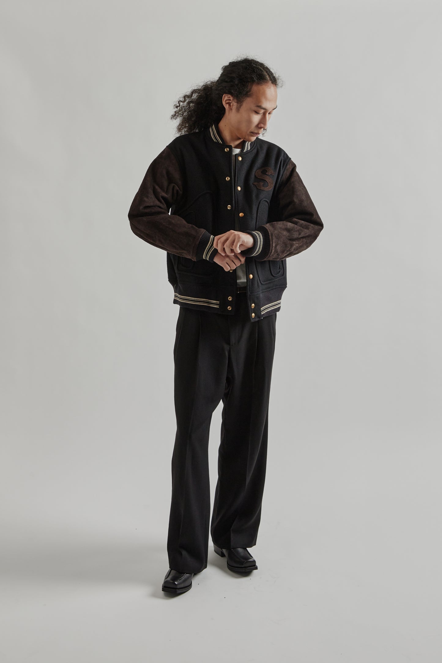 Sugarhill FW25 Leather Stadium Jacket Black Brown 11
