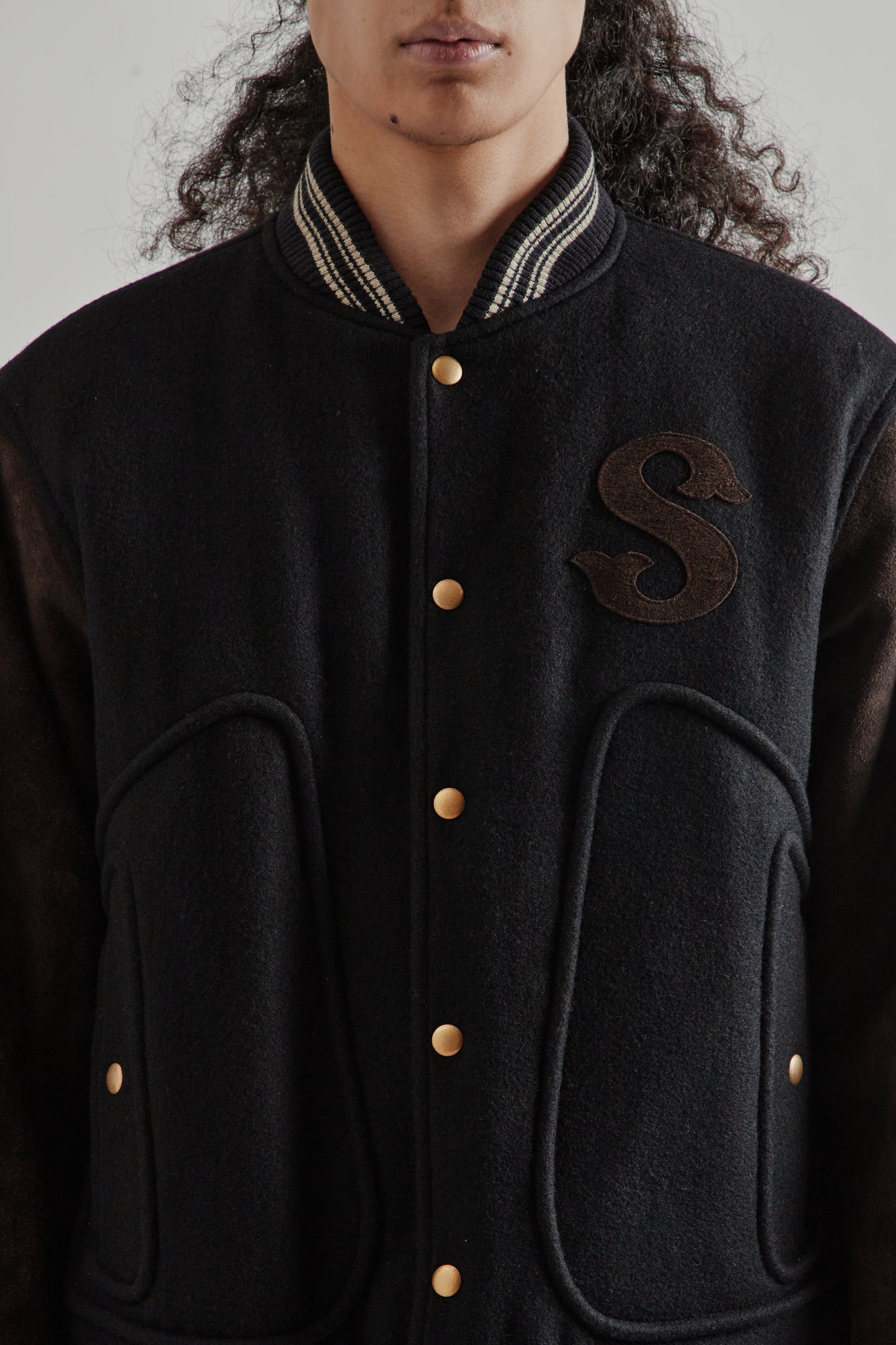 Sugarhill FW25 Leather Stadium Jacket Black Brown 6