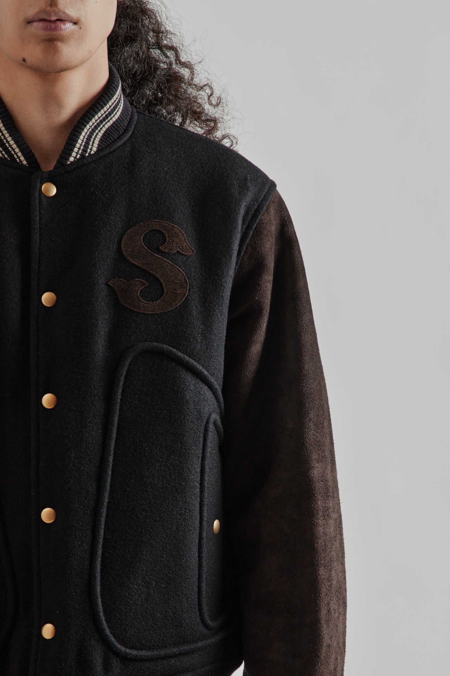 Sugarhill FW25 Leather Stadium Jacket Black Brown 7