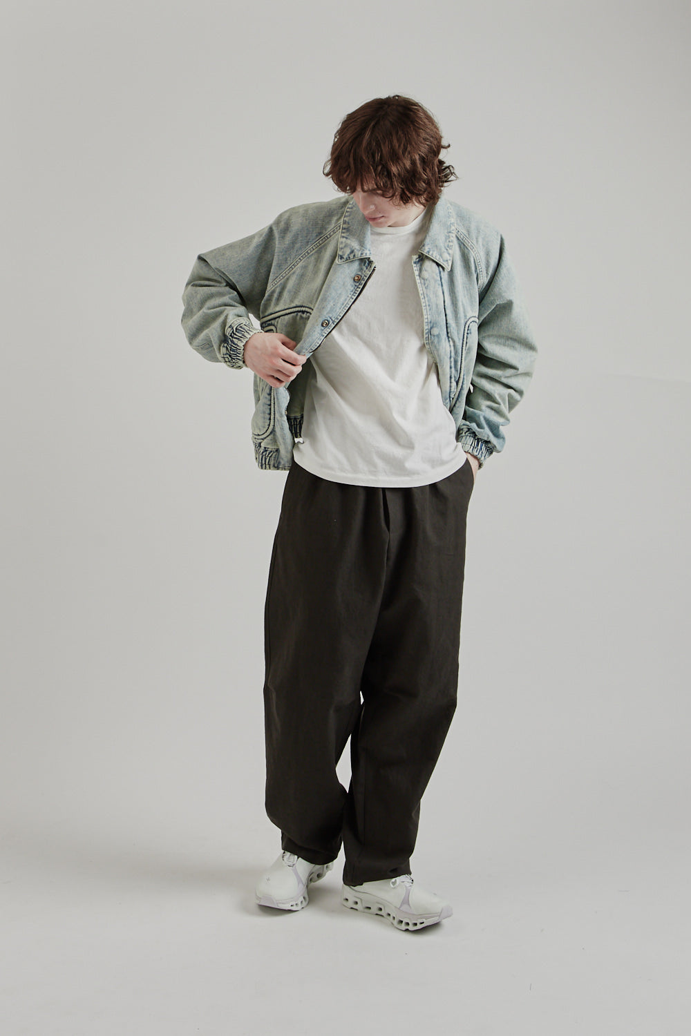 Sugarhill SS25 Piping Denim Bomber Jacket Gray White 39