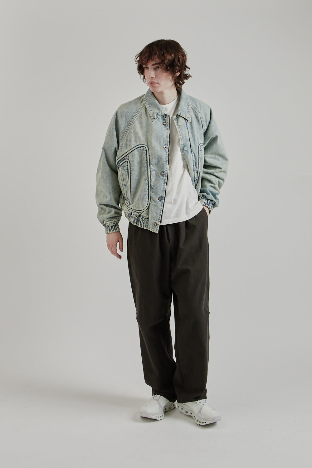Sugarhill SS25 Piping Denim Bomber Jacket Gray White 40