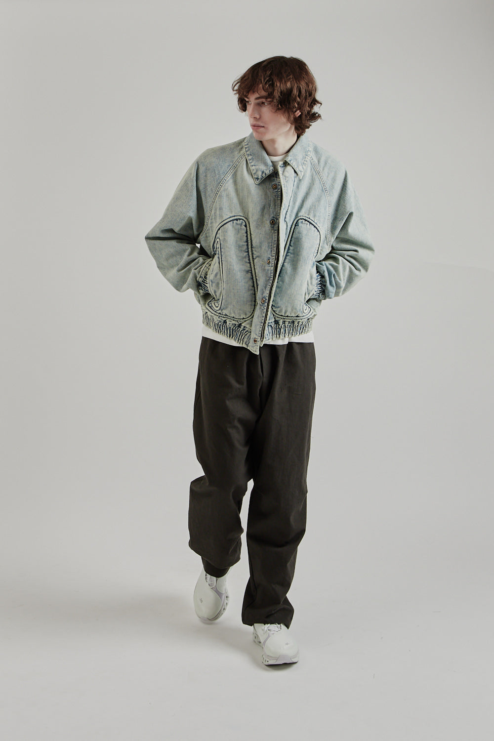 Sugarhill SS25 Piping Denim Bomber Jacket Gray White 42