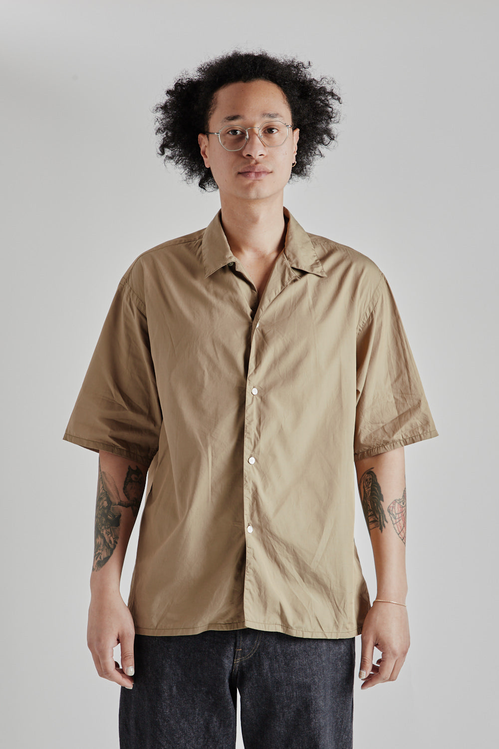 Blurhms Chambray Open Collar Shirt - Olive Beige | Wallace