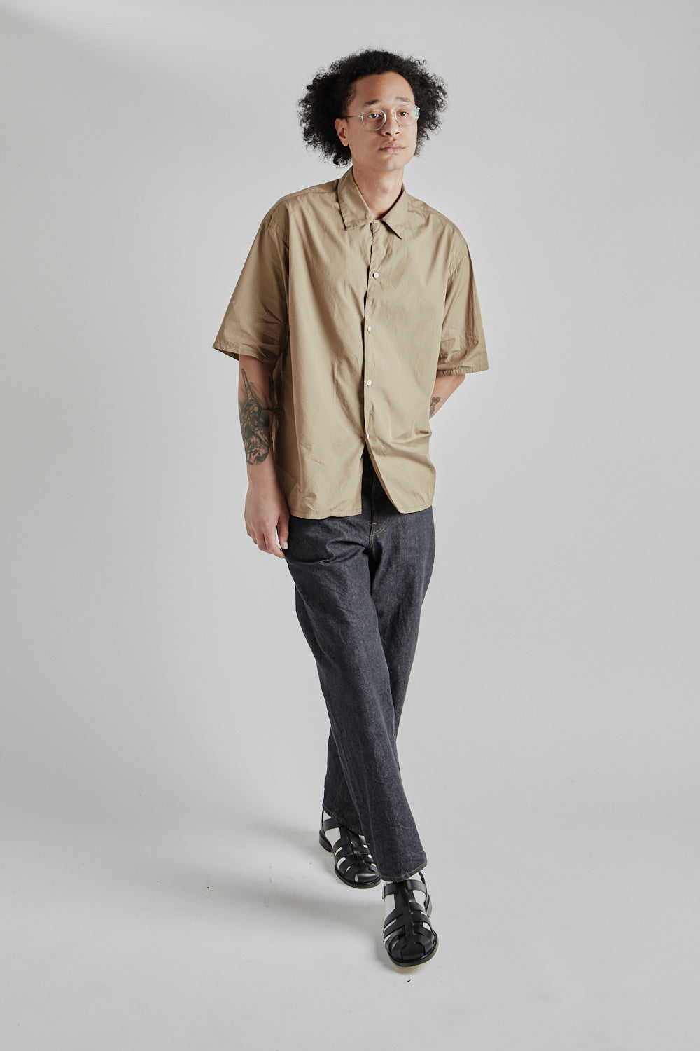 Blurhms Chambray Open Collar Shirt in Olive Beige