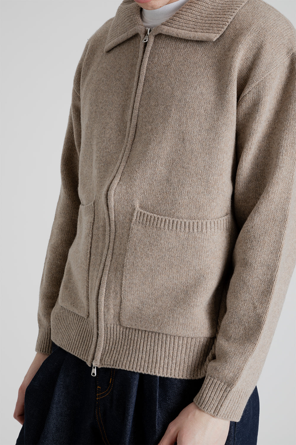 Frizmworks Wool Collar Zip Up Knit Cardigan in Oatmeal