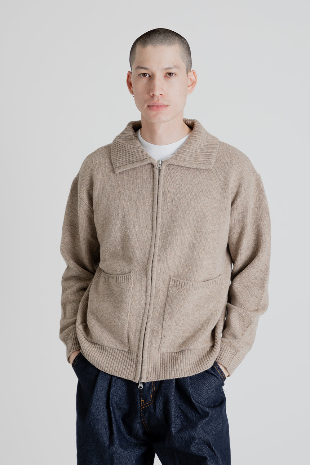 Wool Collar Zip Up Knit Cardigan Oatmeal