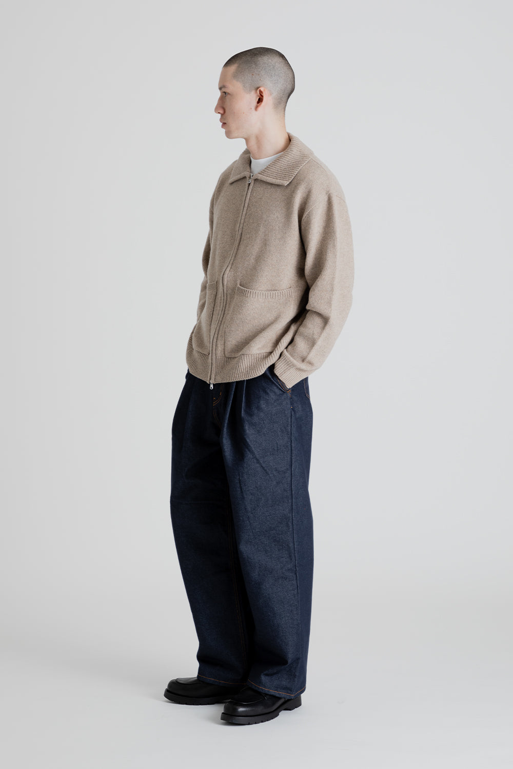 Frizmworks Wool Collar Zip Up Knit Cardigan in Oatmeal