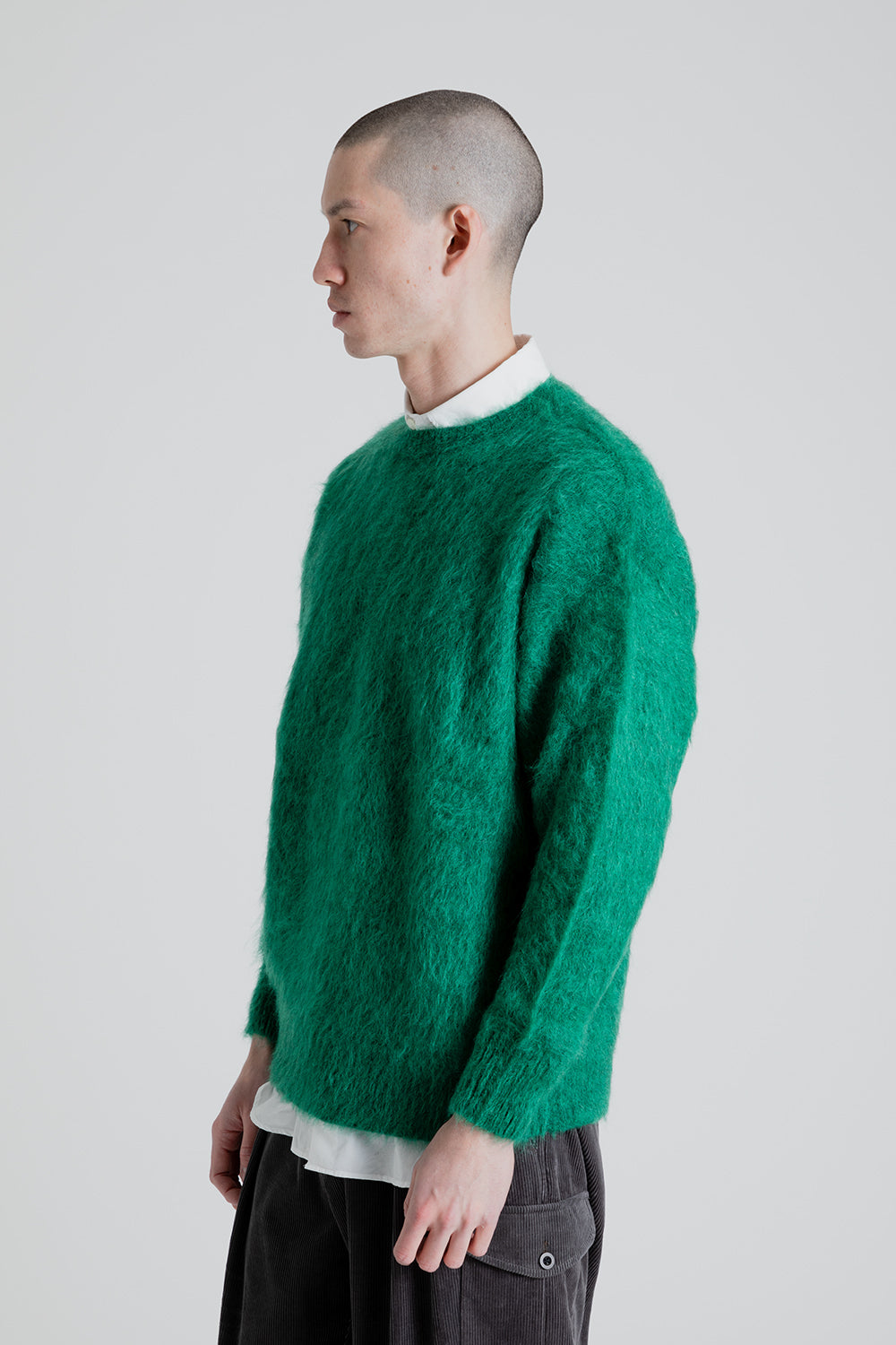 Kaptain Sunshine Brushed Wool Mohair Crewneck Pullover in Green