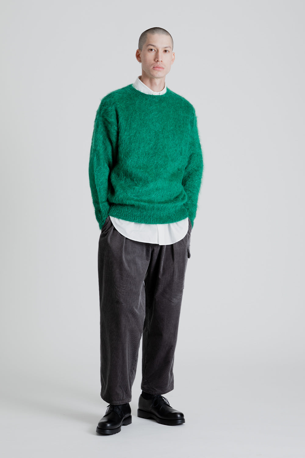 Kaptain Sunshine Brushed Wool Mohair Crewneck Pullover in Green