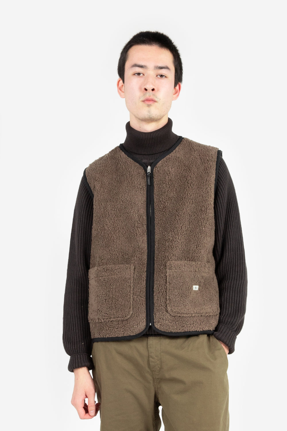 Knickerbocker reverse zip pile vest heather brown pile black