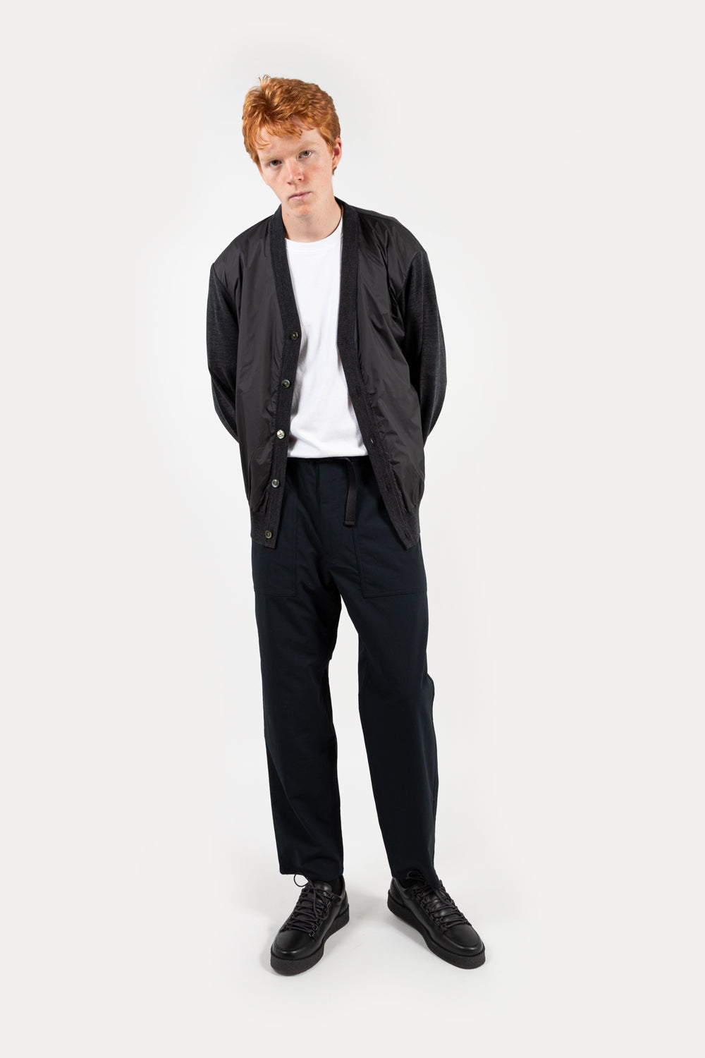 nanamica hybrid cardigan in charcoal