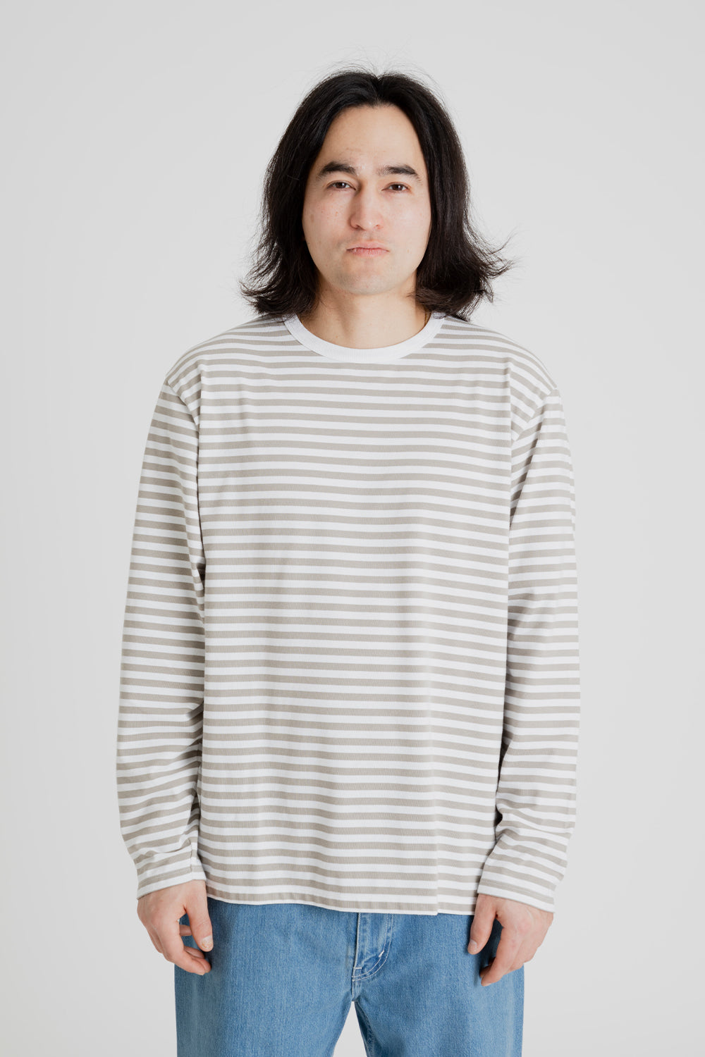 Nanamica Coolmax St Jersey Long Sleeve Tee in Taupe and White