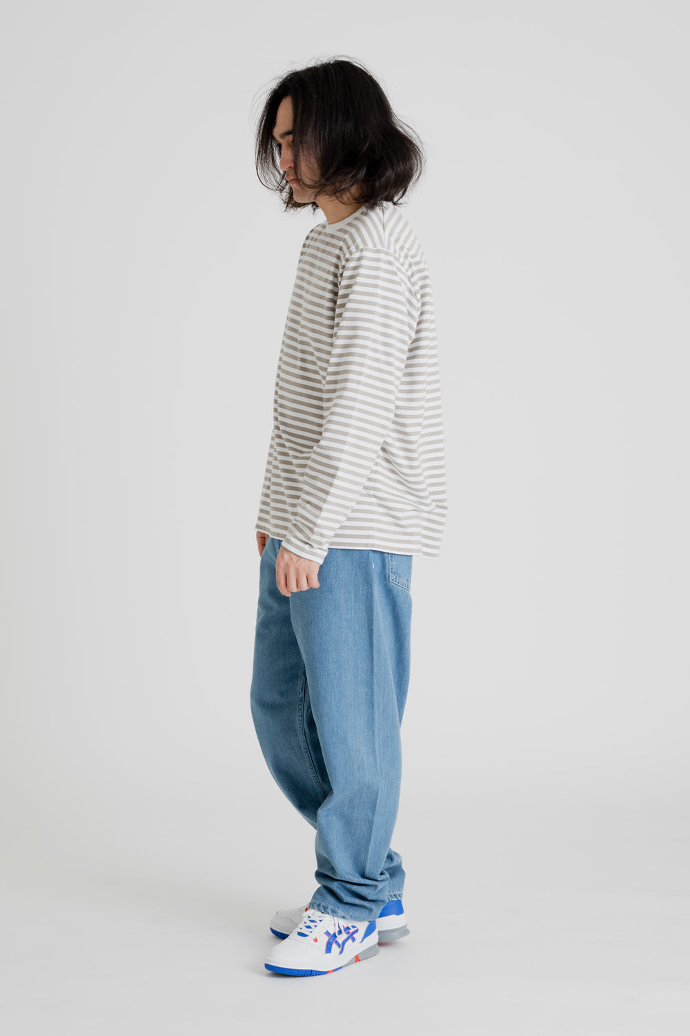 Nanamica Coolmax St Jersey Long Sleeve Tee in Taupe and White