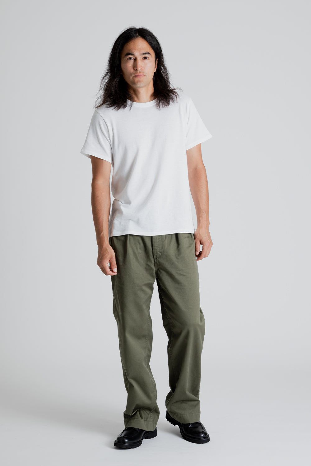 Nanamica Double Pleat Wide Chino Pants in Moss Green