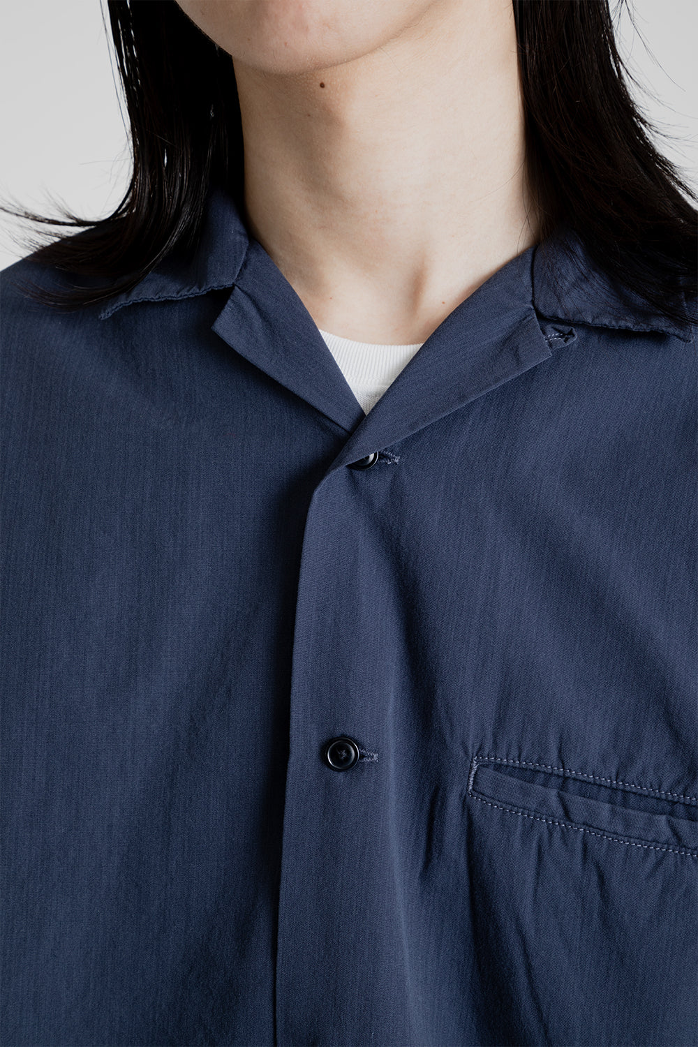 Nanamica Open Collar Wind Half Sleeve Shirt in Marine Navy