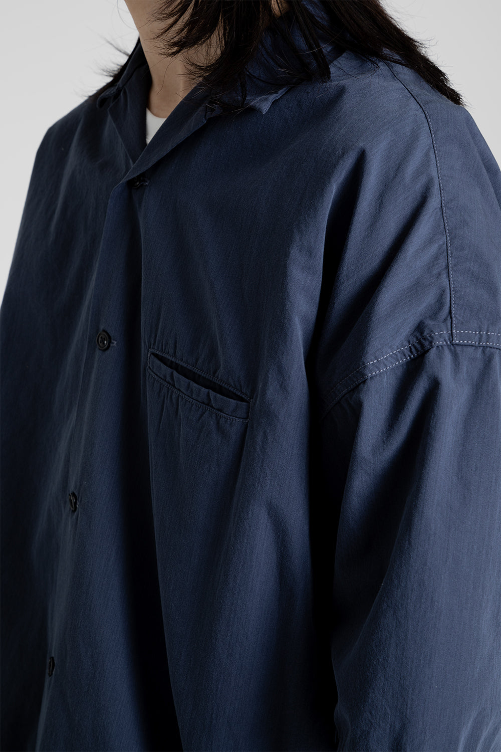 Nanamica Open Collar Wind Half Sleeve Shirt in Marine Navy