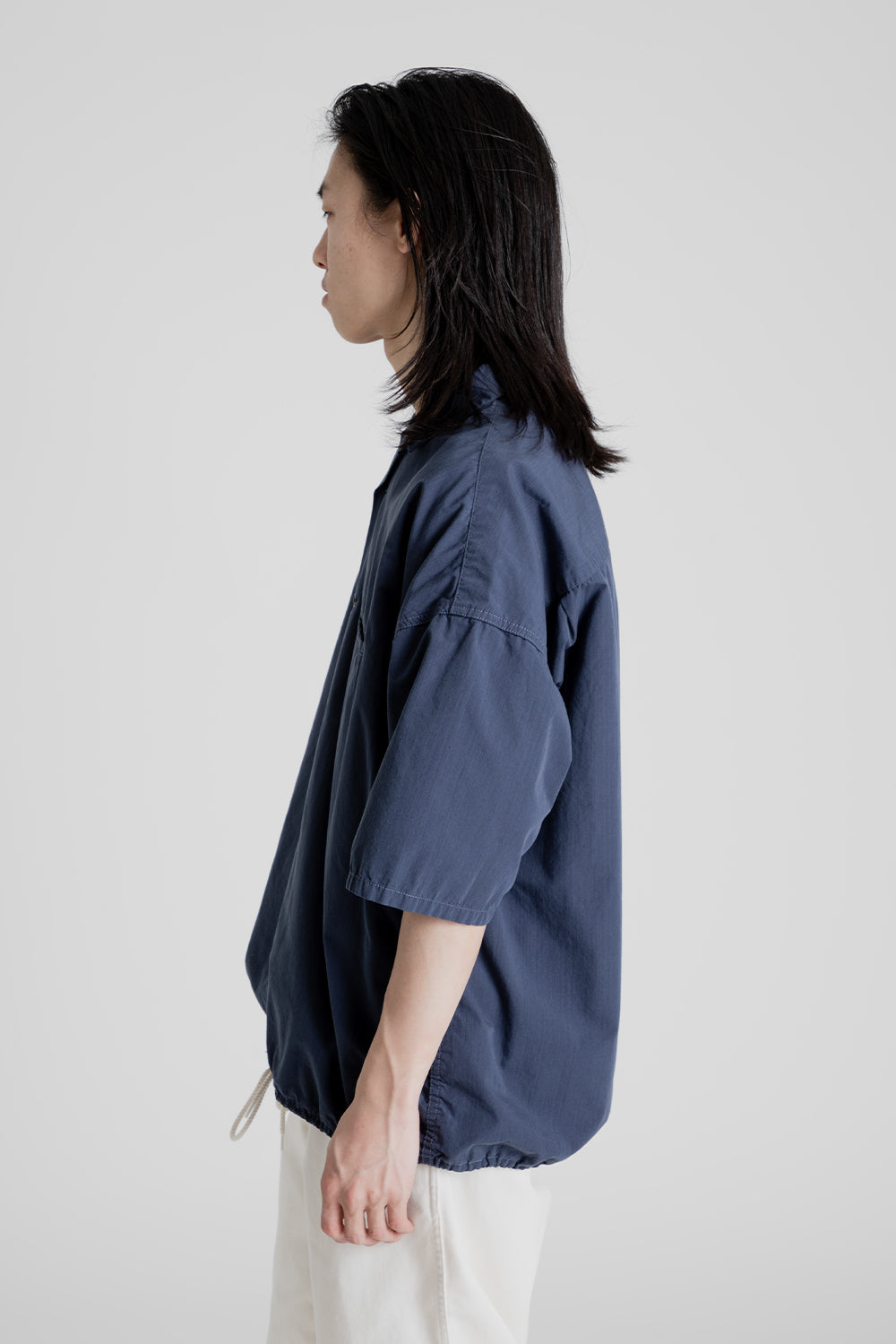 Nanamica Open Collar Wind Half Sleeve Shirt in Marine Navy