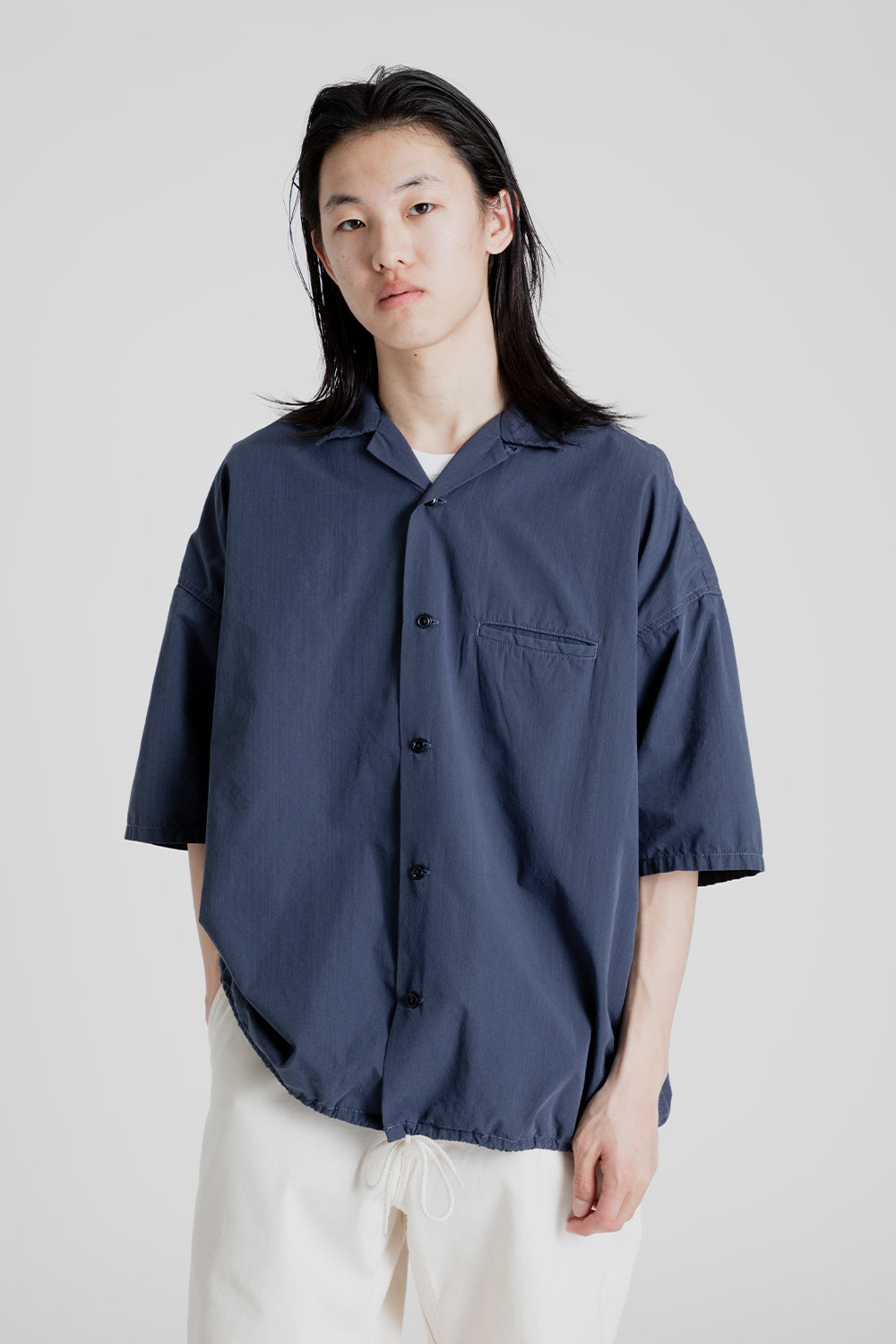 Nanamica Open Collar Wind Half Sleeve Shirt in Marine Navy