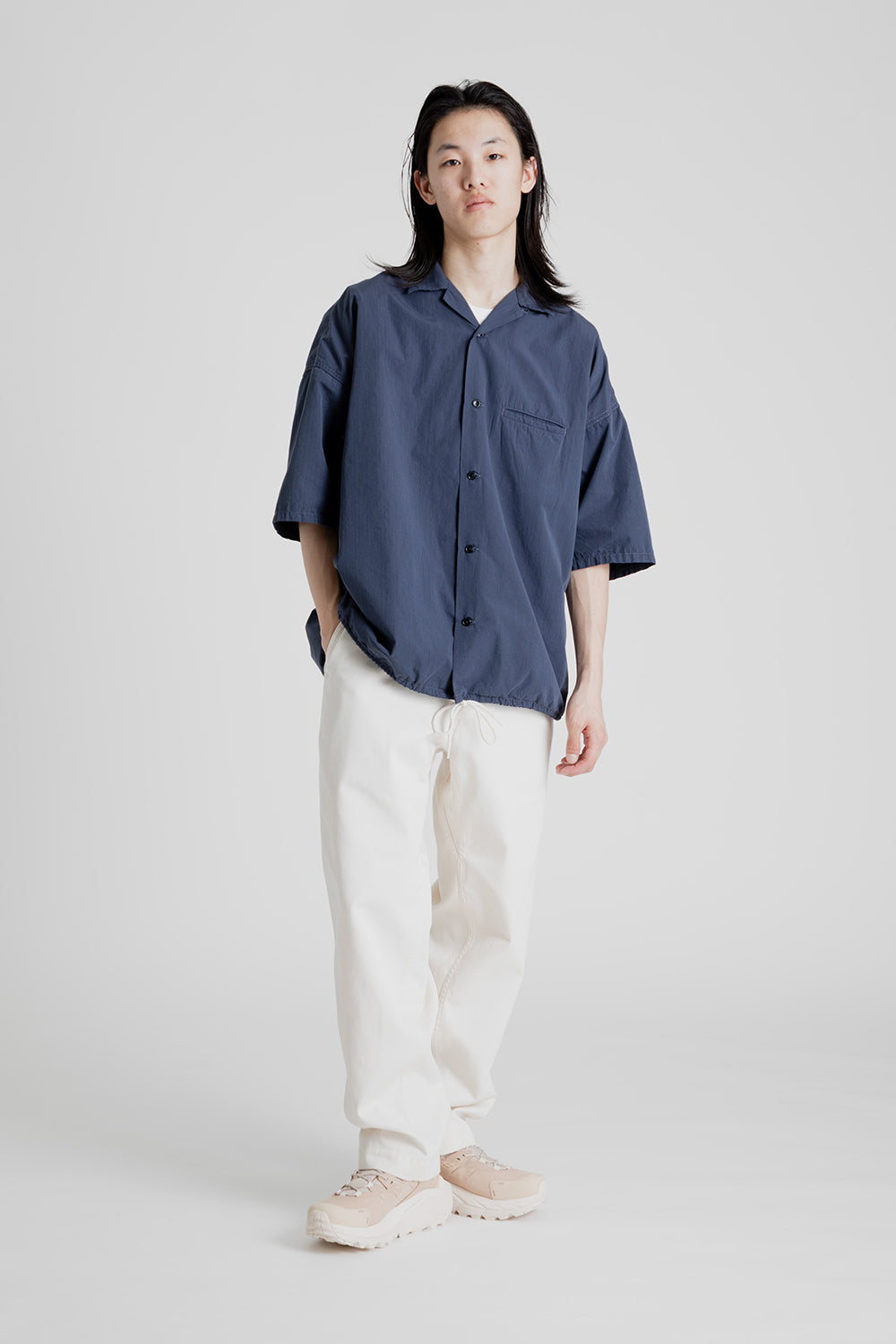 Nanamica Open Collar Wind Half Sleeve Shirt in Marine Navy