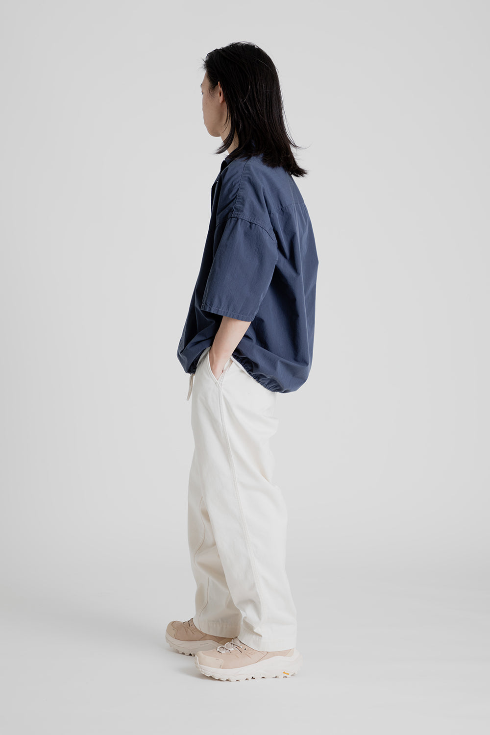 Nanamica Open Collar Wind Half Sleeve Shirt in Marine Navy