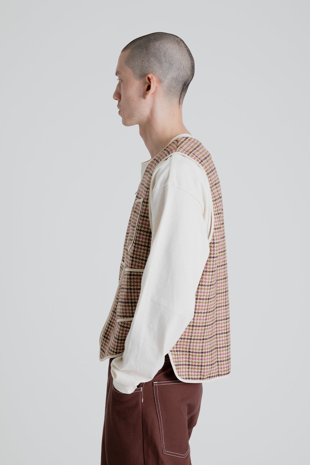 S.K. Manor Yukon Vest in Tan & Purple Plaid Moon Tweed Wool