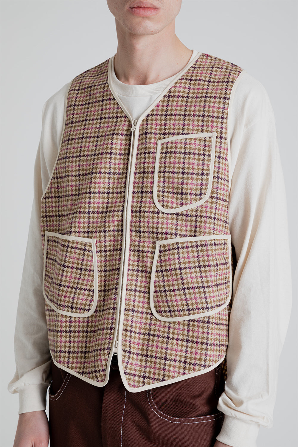 S.K. Manor Yukon Vest in Tan & Purple Plaid Moon Tweed Wool