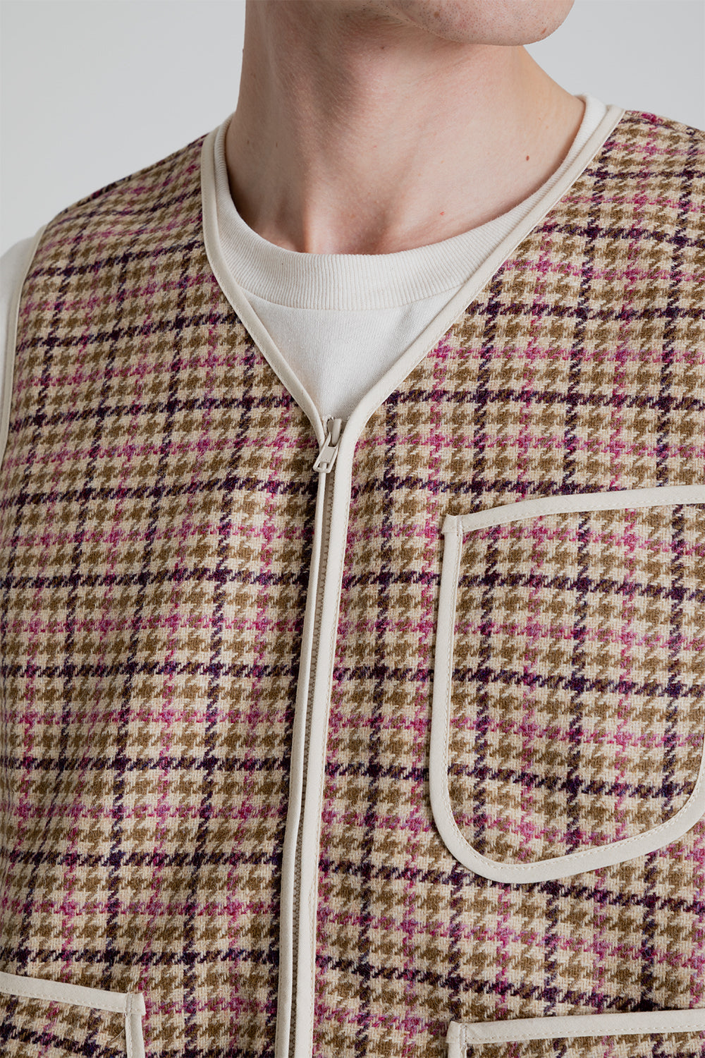 S.K. Manor Yukon Vest in Tan & Purple Plaid Moon Tweed Wool