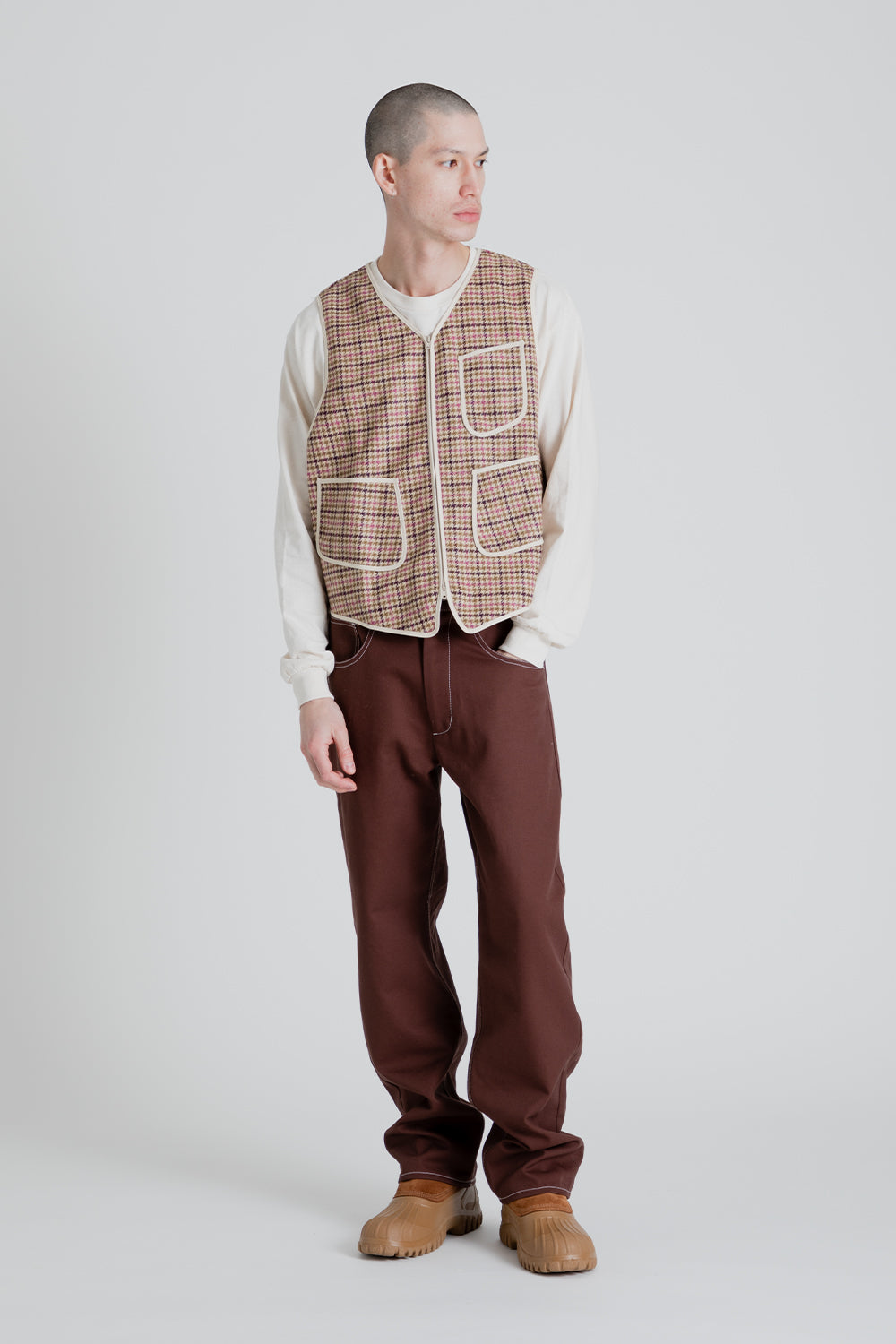 S.K. Manor Yukon Vest in Tan & Purple Plaid Moon Tweed Wool