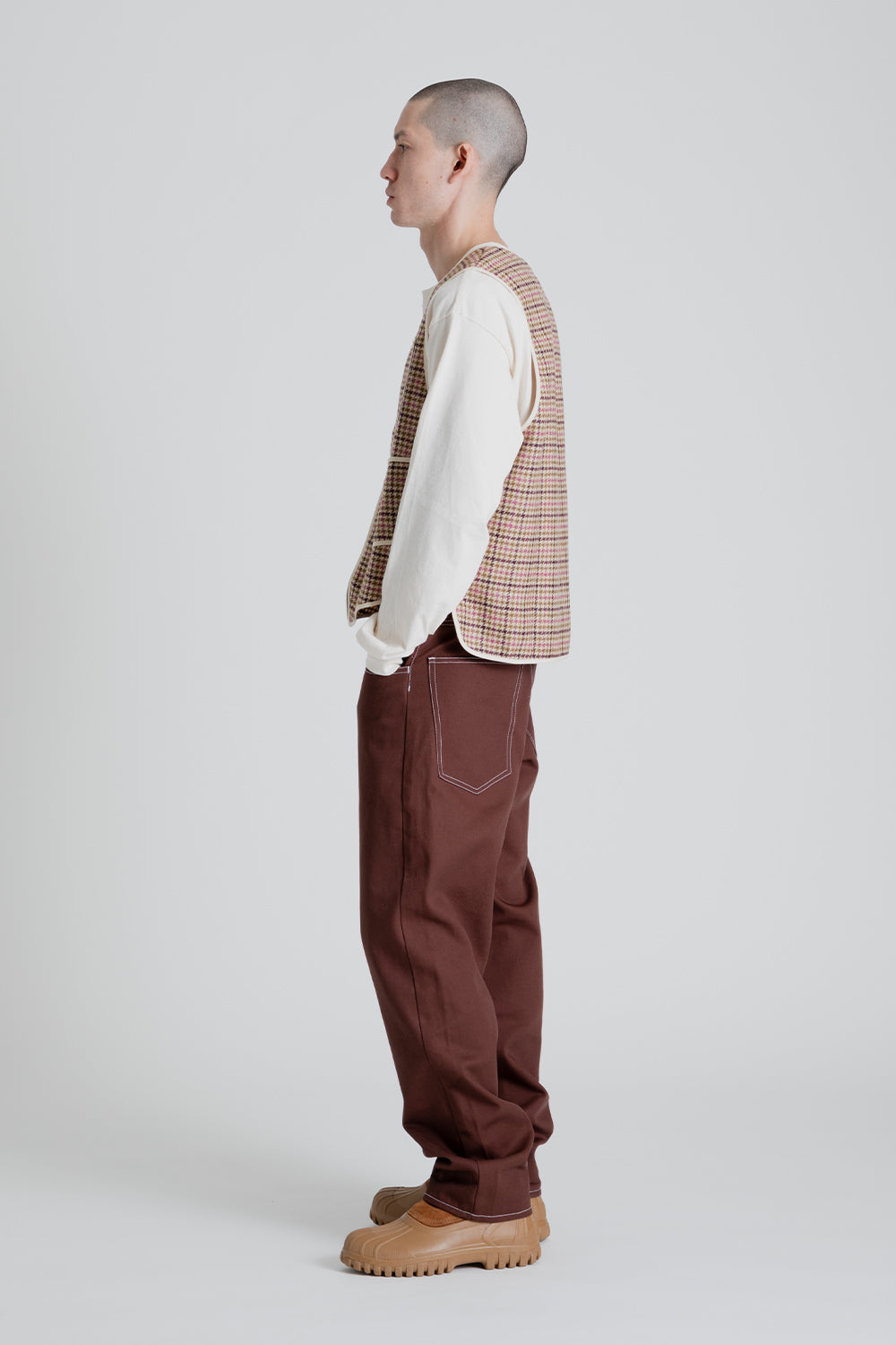 S.K. Manor Yukon Vest in Tan & Purple Plaid Moon Tweed Wool