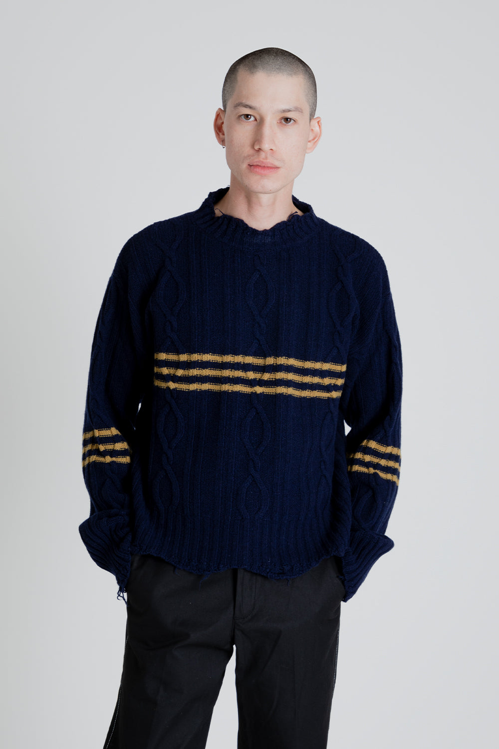 Schnayderman's Cropped Cable Sweater in Dark Blue / Yellow