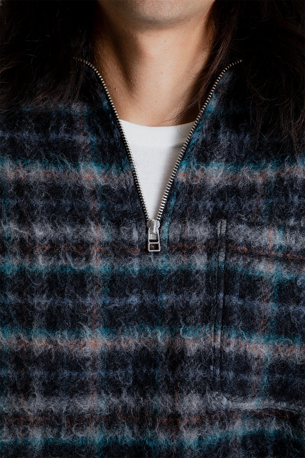Schnayderman's Half Zip Wool Check in Grey/Blue/Orange